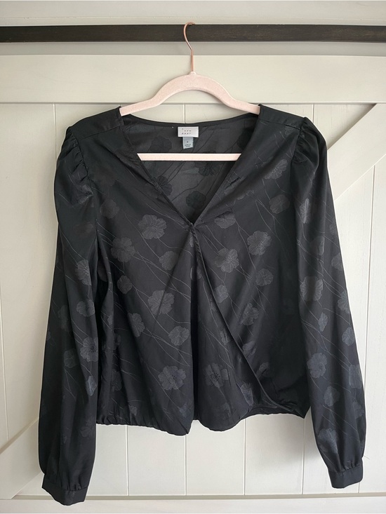 a new day Tops - a new day Black Floral Jacquard Wrap-Style Long Sleeve Blouse